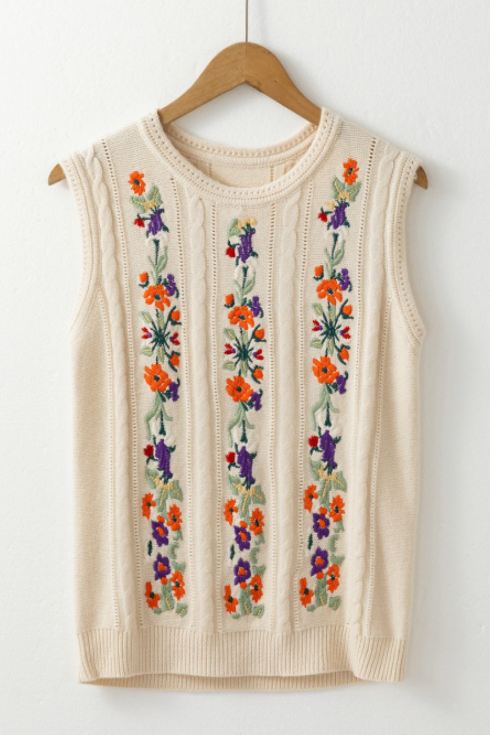 Embroidered Cable-Knit Round Neck Sweater Vest