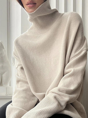 Ribbed Detail Turtleneck Dropped Shoulder Sweater