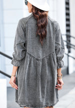 Distressed Collared Neck Flounce Sleeve Denim Dress