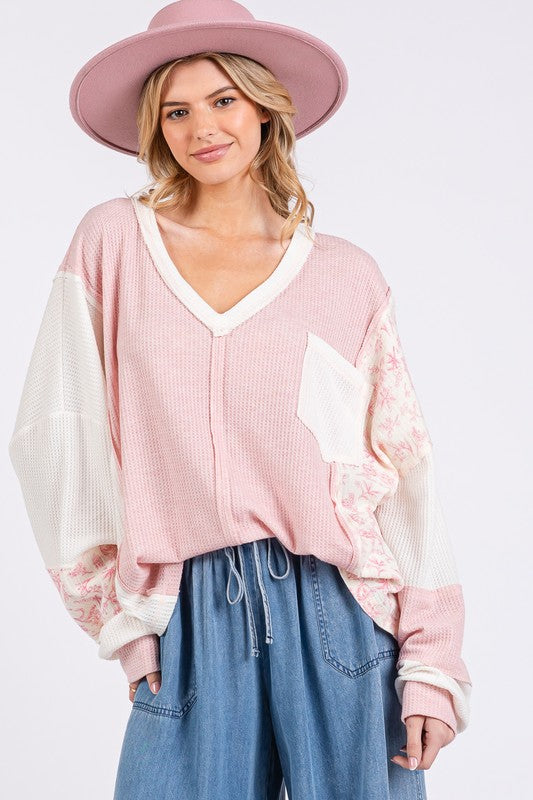 SAGE + FIG Floral Long Sleeve V-Neck Waffle Knit Top