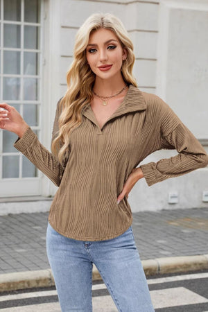 Texture Collared Neck Long Sleeve Blouse