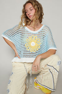 POL Hollow Out Flower Half Sleeve Knit Cover Up