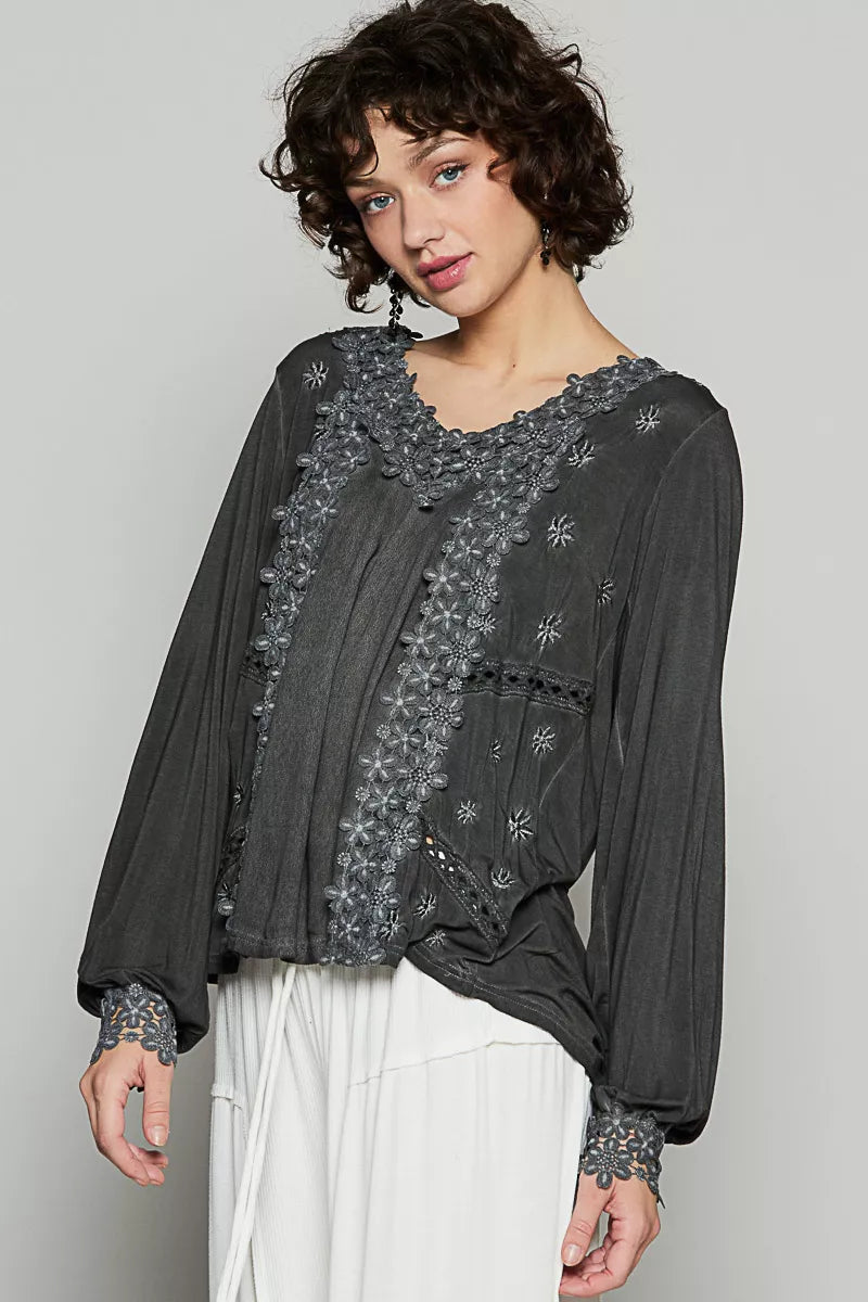 POL Floral Embroidery Woven Top with Lace Trim