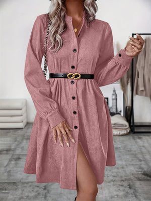 Ruched Button Up Long Sleeve Dress