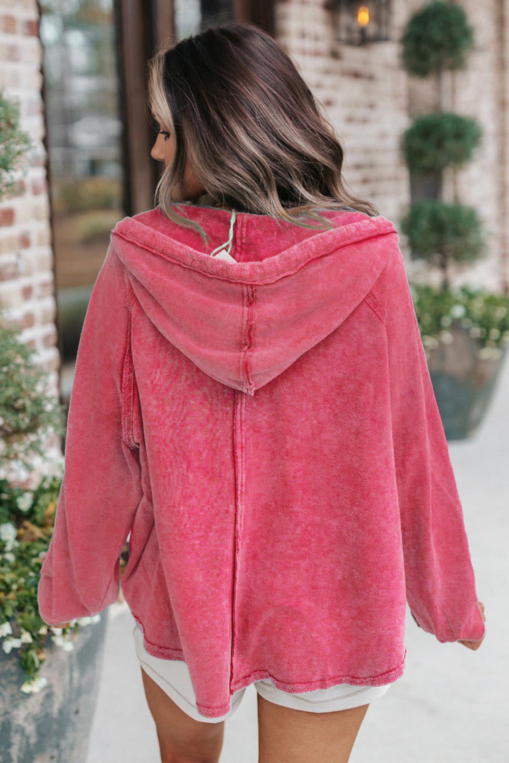 Exposed Seam Zip Up Long Sleeve Drawstring Hoodie