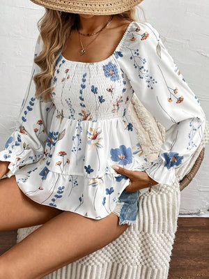 Smocked Floral Scoop Neck Flounce Sleeve Blouse