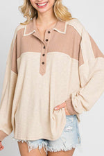 Waffle-Knit Color Block Half Button Long Sleeve Top