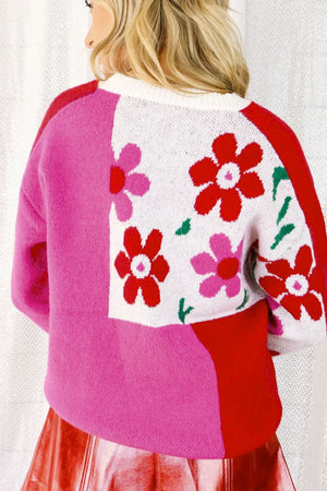 Flower Color Block Round Neck Sweater