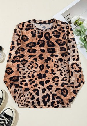 Leopard Round Neck Long Sleeve Blouse