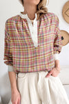 Mulit-Color Plaid Round Neck Long Sleeve Blouse