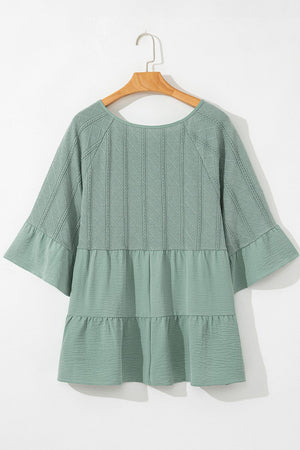 Ruffled Tie Neck Three-Quarter Sleeve Blouse