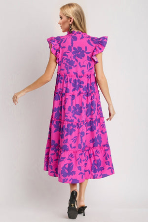 Oh Full Size Ruffled Printed Notched Cap Sleeve Midi Dress