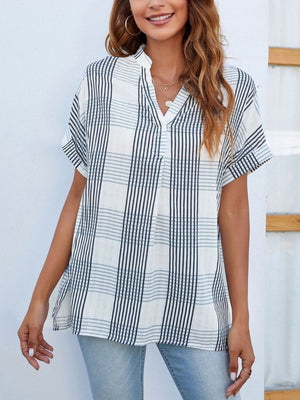 Mandy Side Slit Notched Short Sleeve Blouse