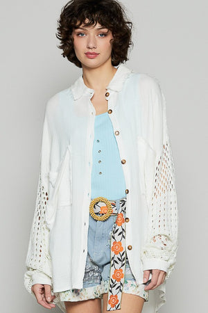 POL Openwork Lantern Sleeve Button Down Gauze Shirt