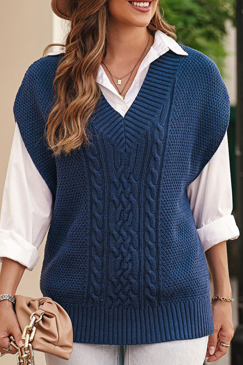 Cable-Knit V-Neck Sweater Vest