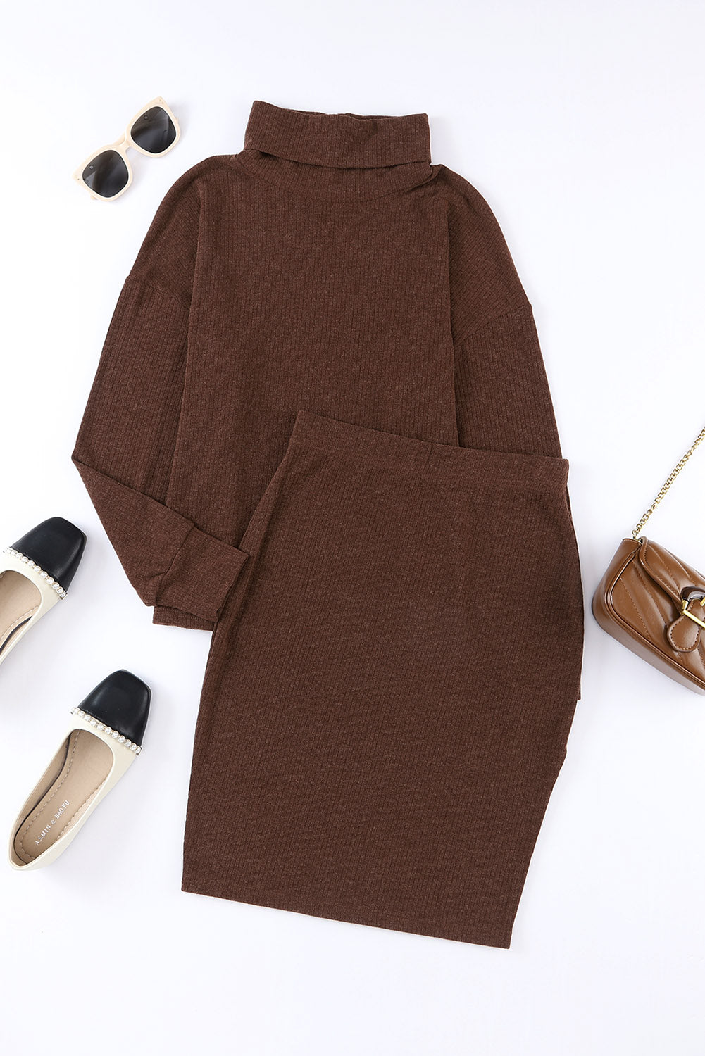 Mock Neck Long Sleeve Top and Slit Skirt Set