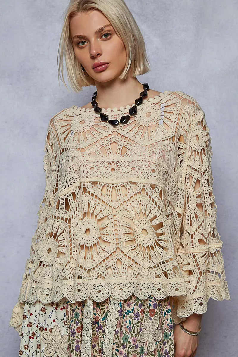 POL Round Neck Weave Knit Pattern Cropped Cover Up
