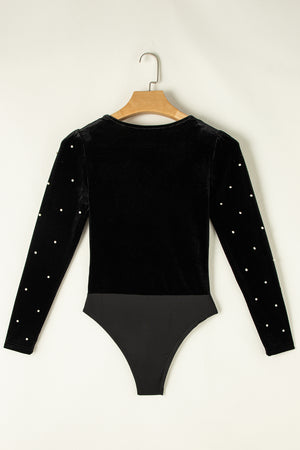 Pearl Detail Velvet V-Neck Long Sleeve Bodysuit