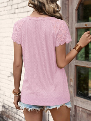 Lace Detail V-Neck Short Sleeve T-Shirt