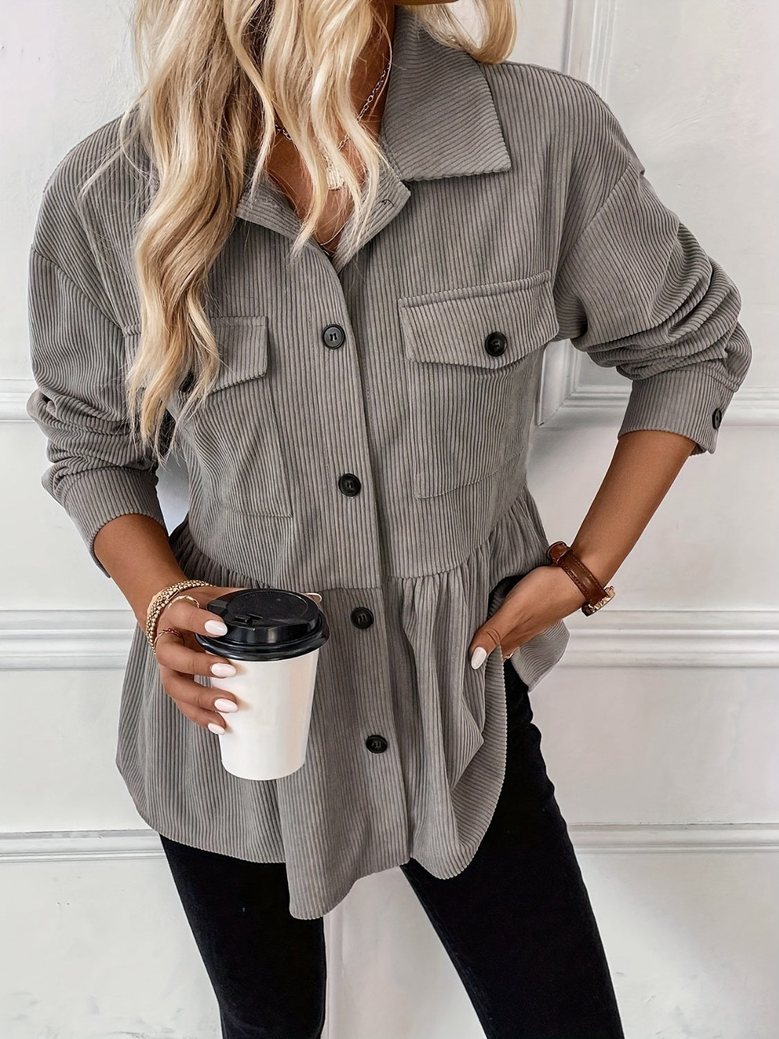 Corduroy Peplum Button Up Shacket