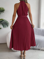 Pleated Tie Waist Sleeveless Midi Dress