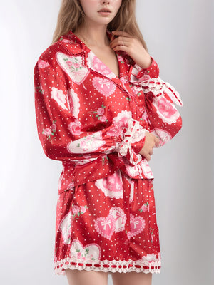 Valentine’s Day Lace Detail Heart Print Collared Neck Top and Shorts Lounge Set