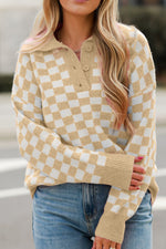 Checkered Collared Neck Long Sleeve Sweater