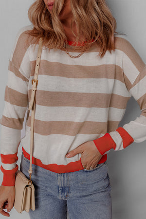 Contrast Striped Round Neck Drop Shoulder Knit Top