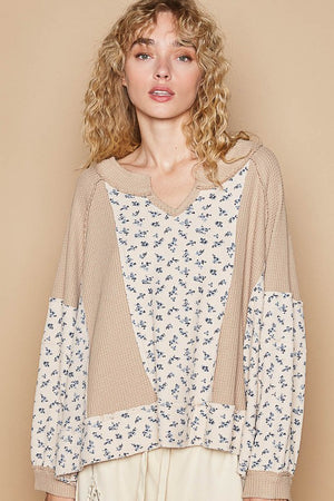 POL Waffle Knit Floral Notched Long Sleeve Top