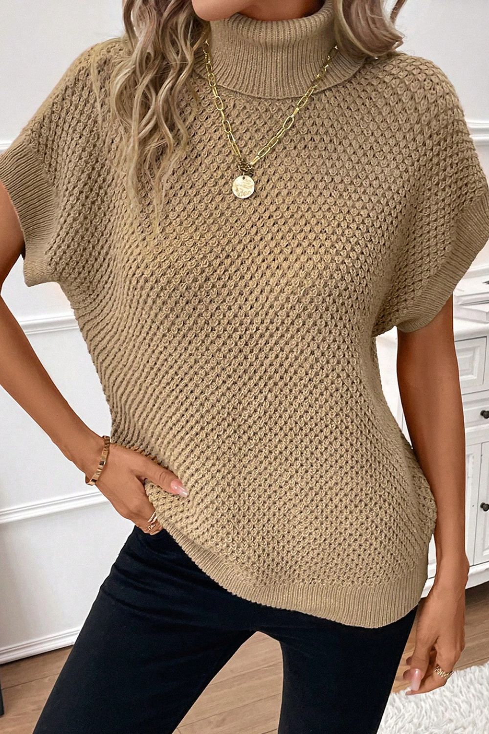 Solid Color Turtleneck Short Sleeve Sweater