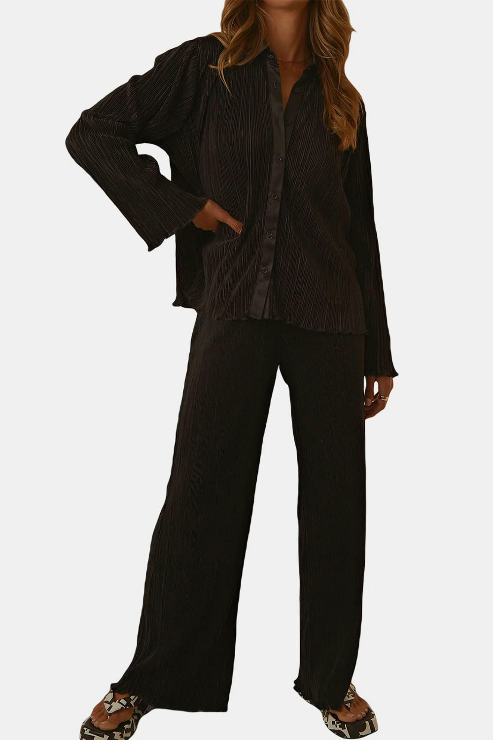 Textured Button Up Collared Neck Top and Pants Set