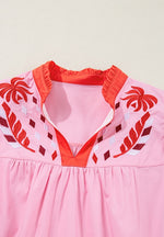 Embroidered Notched Short Sleeve Babydoll Blouse