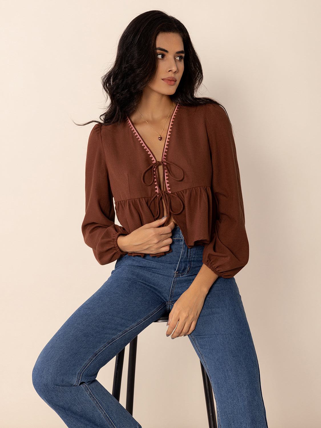 Peplum Tied V-Neck Long Sleeve Blouse