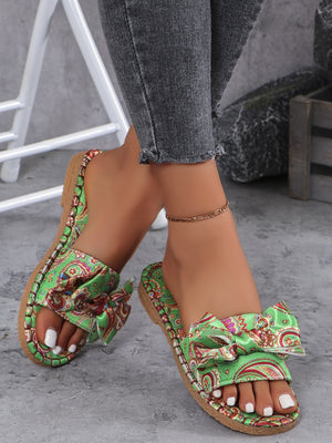 Bow Printed Open Toe Flat Sandals