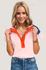 Oh Full Size Contrast Half Snap Short Sleeve Blouse