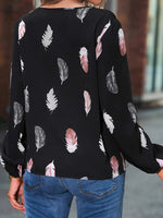 Feather Print Notched Balloon Sleeve Top