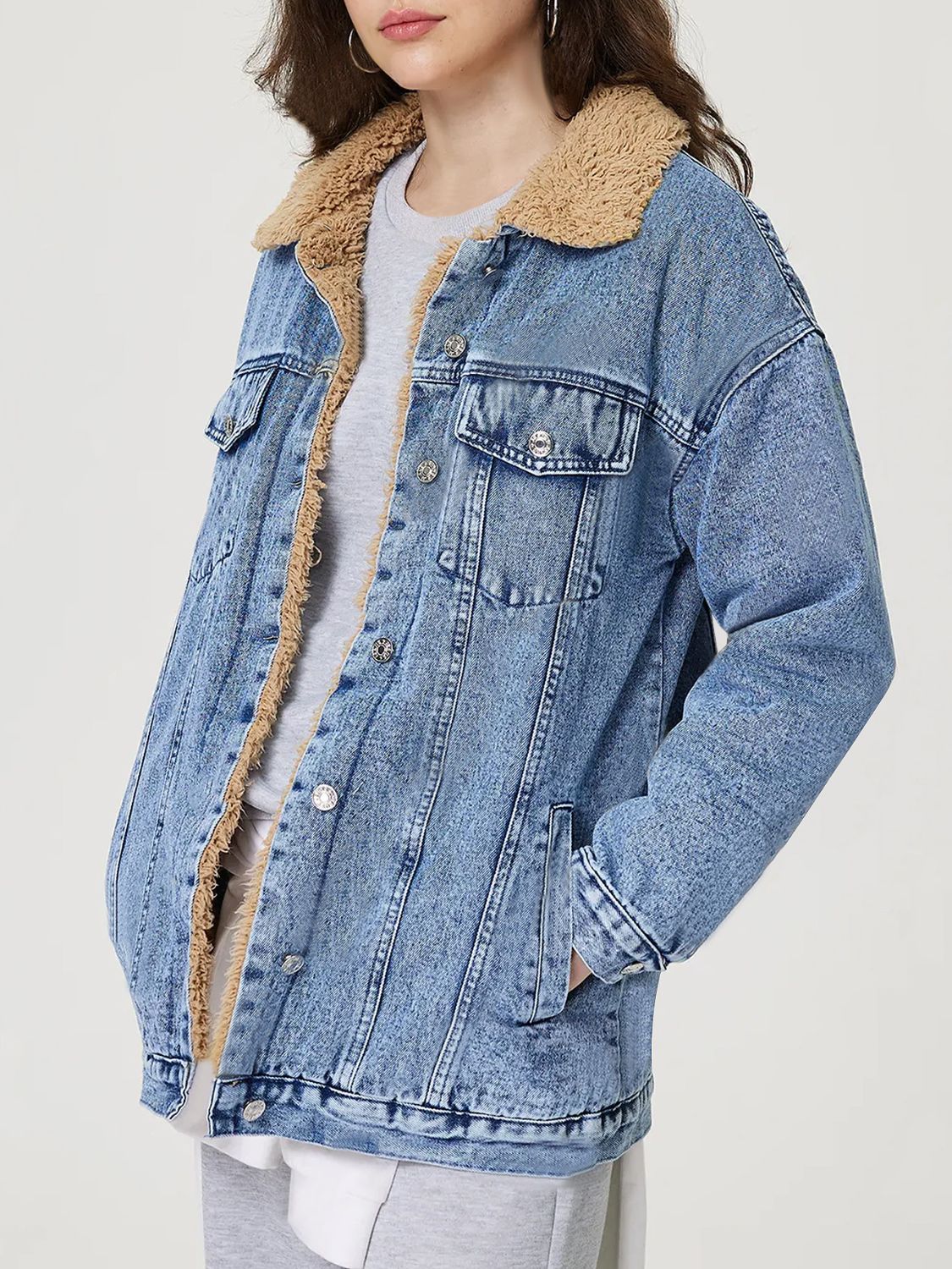 Button Up Collared Neck Plush Denim Jacket