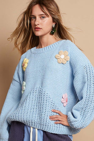 POL Crochet Flower Round Neck Dropped Shoulder Sweater