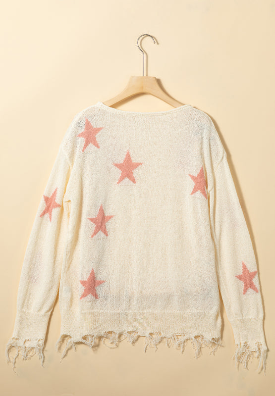 Contrast Star Raw Hem Long Sleeve Knit Top