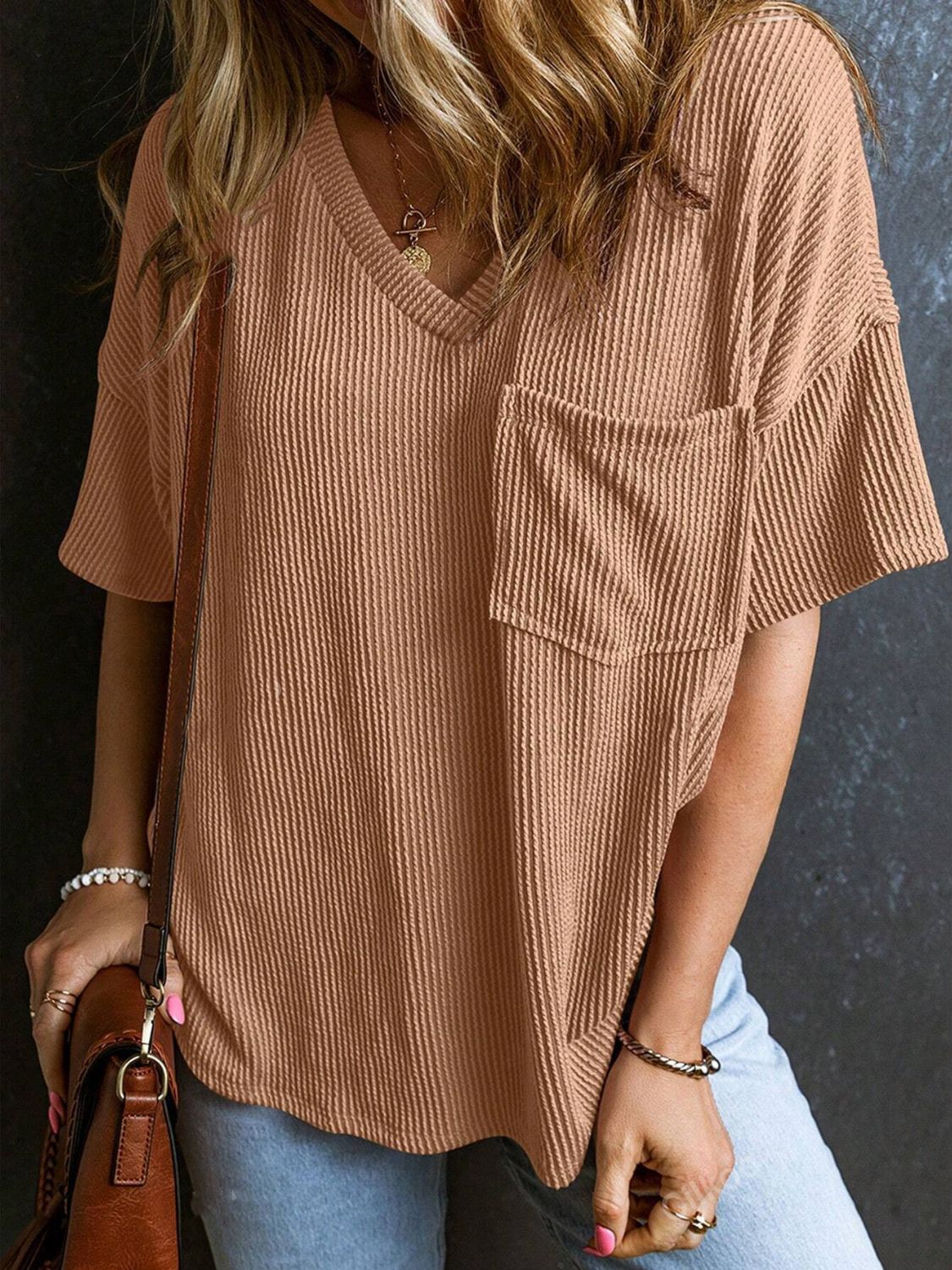 Textured V-Neck Half Sleeve T-Shirt