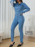 Fringe Half Button Long Sleeve Denim Jumpsuit