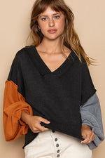 POL Exposed Seam Roll Edge Color Block V Neck Sweater