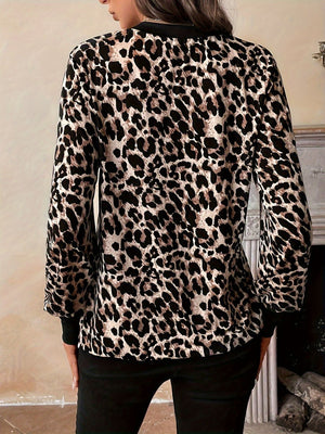 Decorative Button Leopard V-Neck Long Sleeve T-Shirt