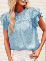 Leopard Frill Mock Neck Ruffled Cap Sleeve Top