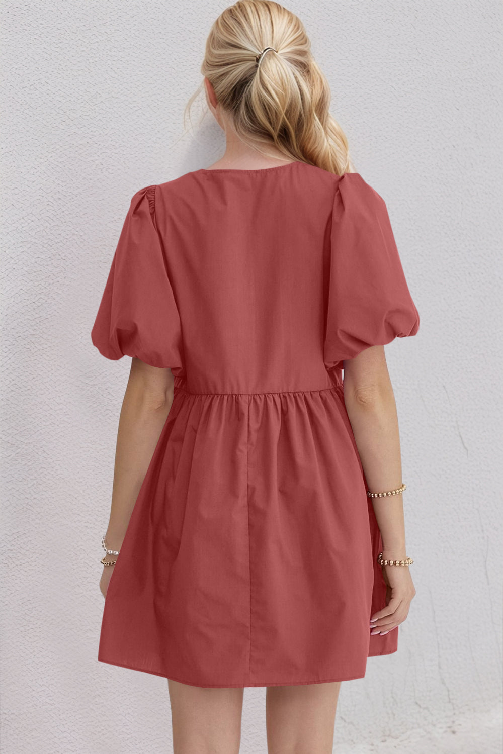 Oh Bow Ruched Puff Sleeve Mini Dress