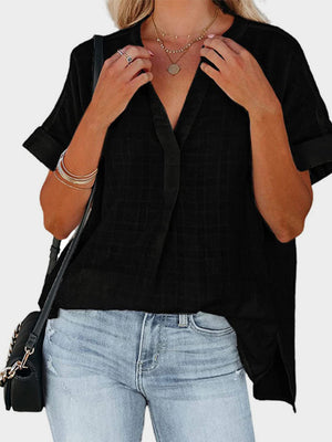 Mandy Side Slit Notched Short Sleeve Blouse