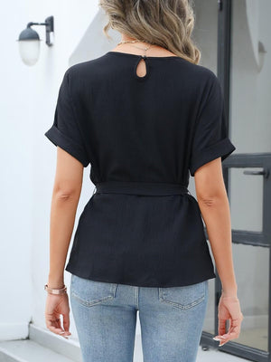 Tie Waist Round Neck Short Sleeve Blouse