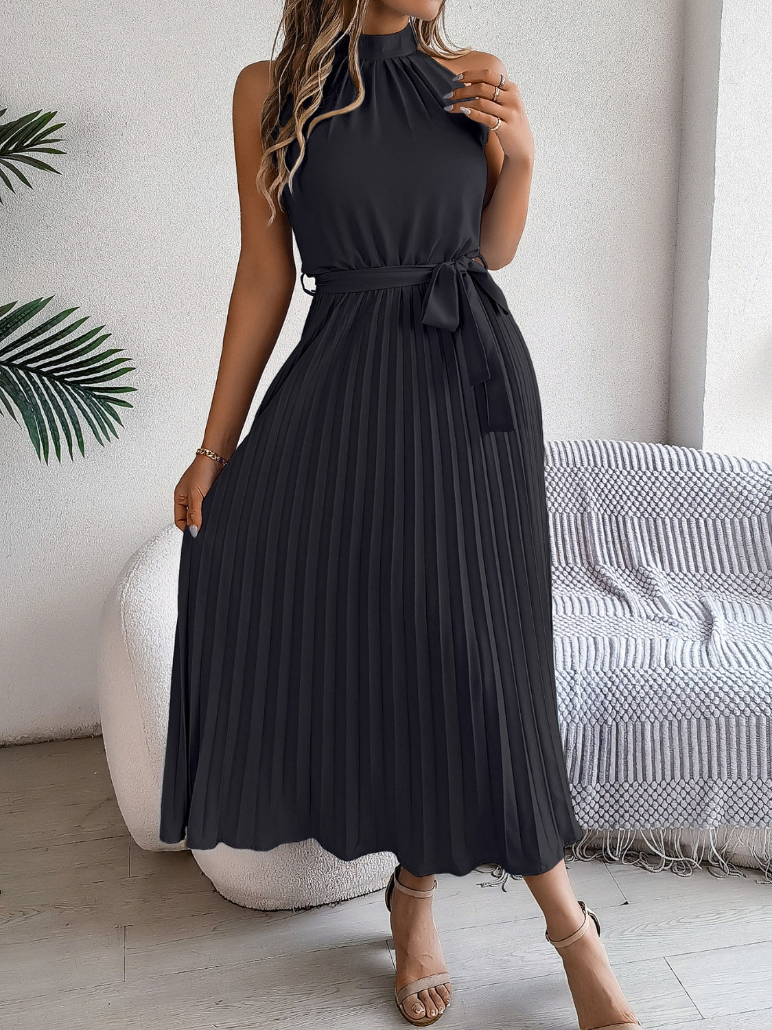 Pleated Tie Waist Sleeveless Midi Dress – Sois Inspire