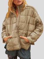 Pocketed Plaid Quilted Zip Up Winter Coat