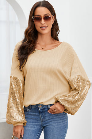 Sequin Crisscross Boat Neck Long Sleeve Blouse